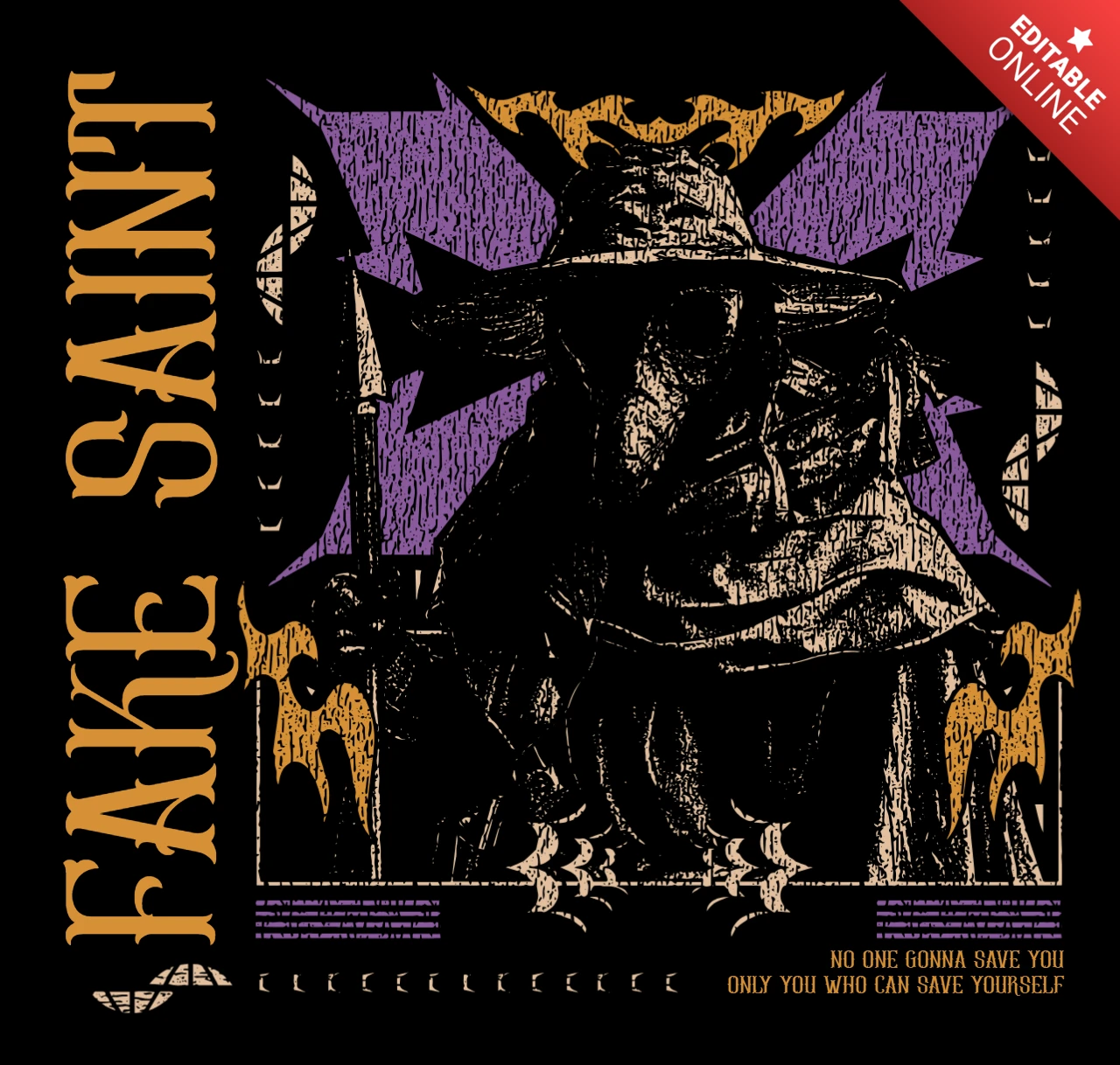 Vintage Illustration Template for Apparel Featuring Dark Graphic Saint Design