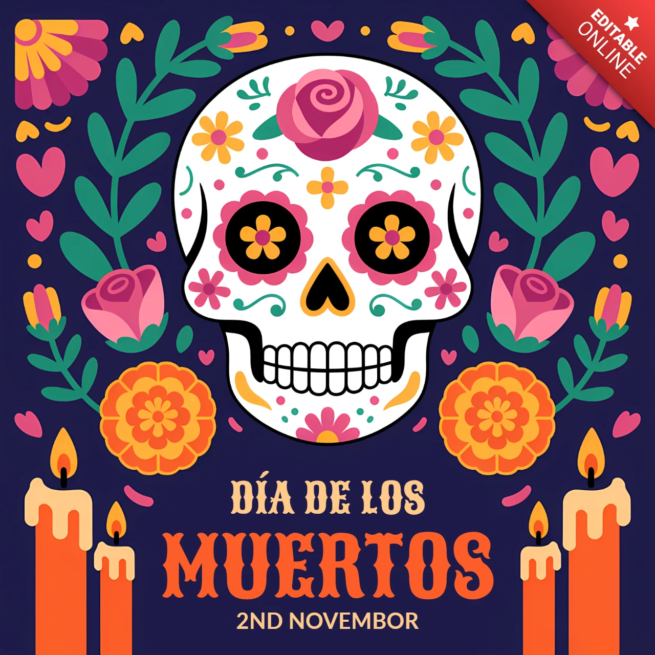 Plantilla de diseño de calavera colorida del Día de los Muertos para carteles festivos