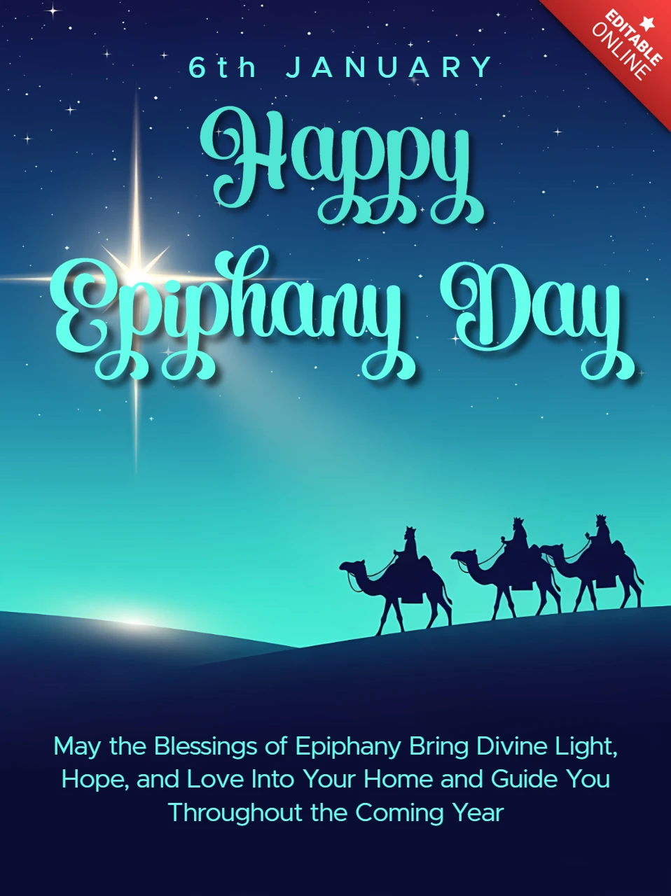 Epiphany Day Design Template with Starry Night and Camel Caravan for Greeting Cards