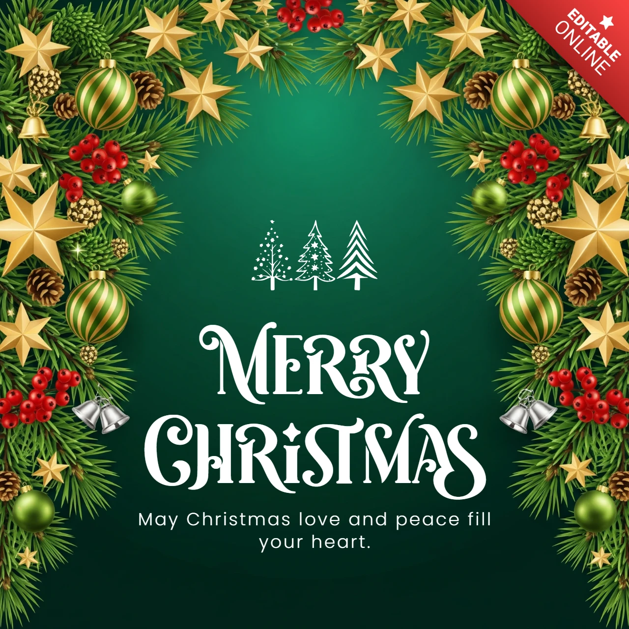 Merry Christmas Card Festive Garland with Tree Motifs and Ornaments Framing May Christmas Love and Peace Fill Your Heart Design Template