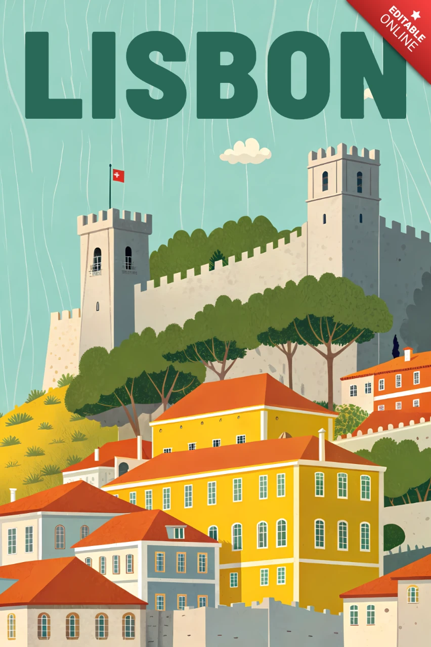 Ilustração do castelo de São Jorge em Lisboa para cartazes de viagem