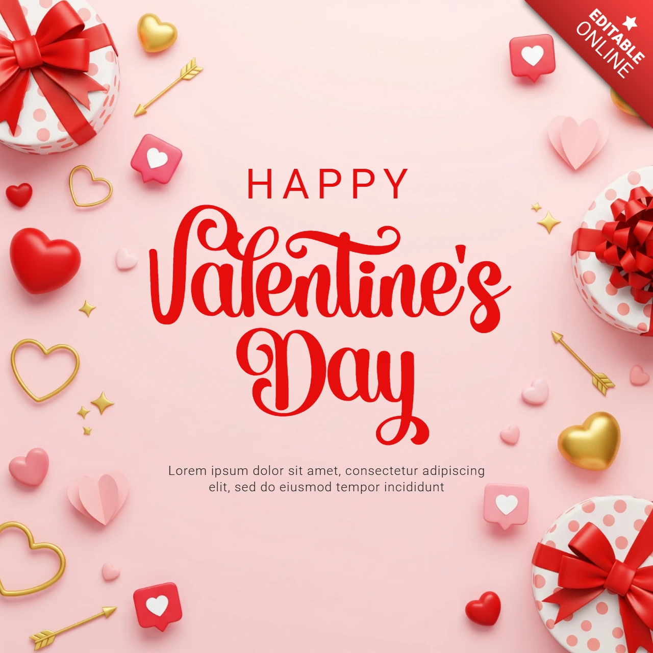Tarjeta de saludo del Día de San Valentín, cartel con fondo rosa, flechas de Cupido, corazones y cajas de regalo con lunares.