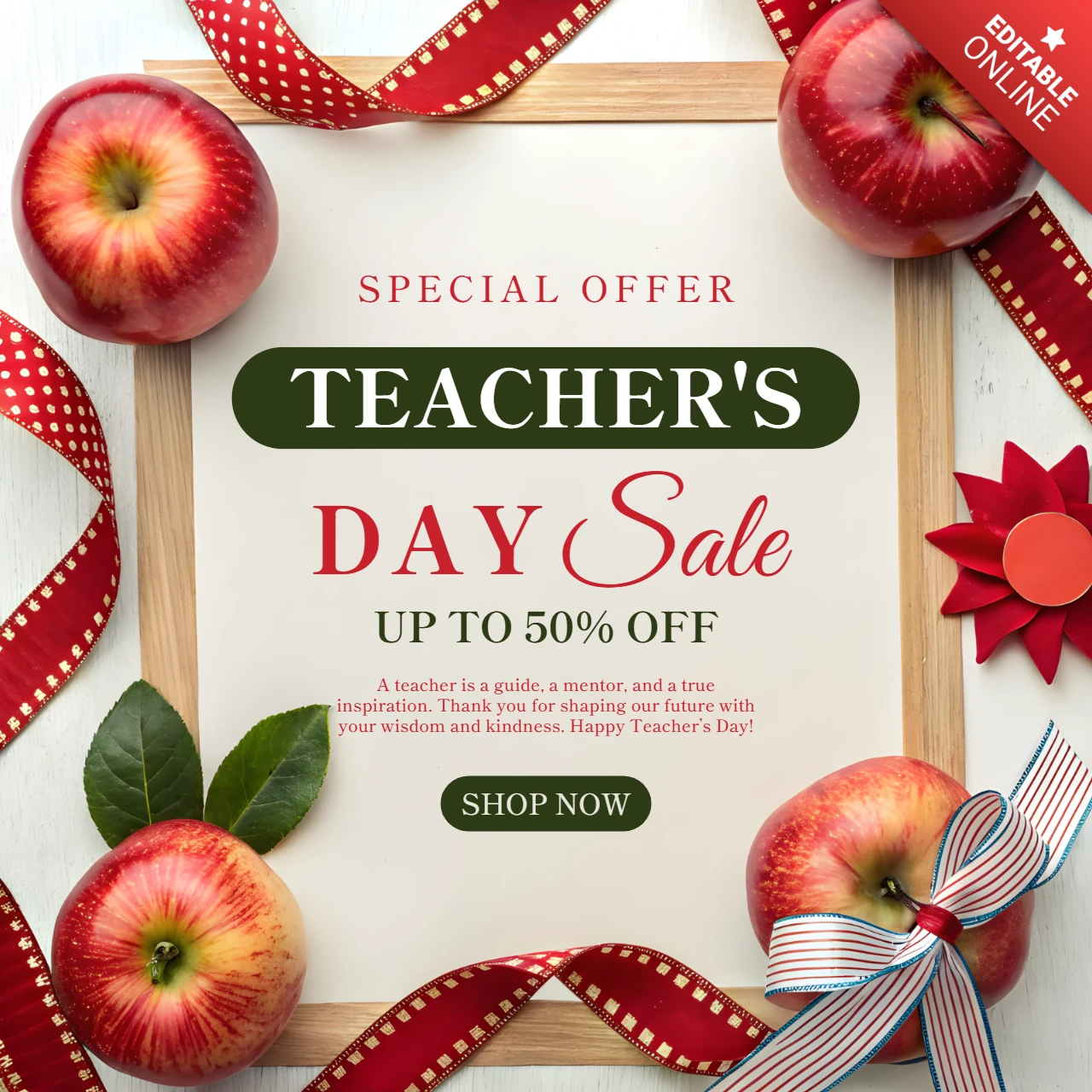 Elegant Teacher's Day Sale Template Design with Apples and Ribbons