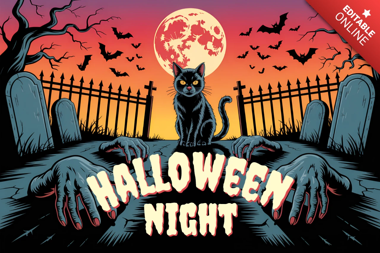 Gruselige Halloween-Nacht-Designvorlage mit schwarzer Katze für T-Shirt-Druck