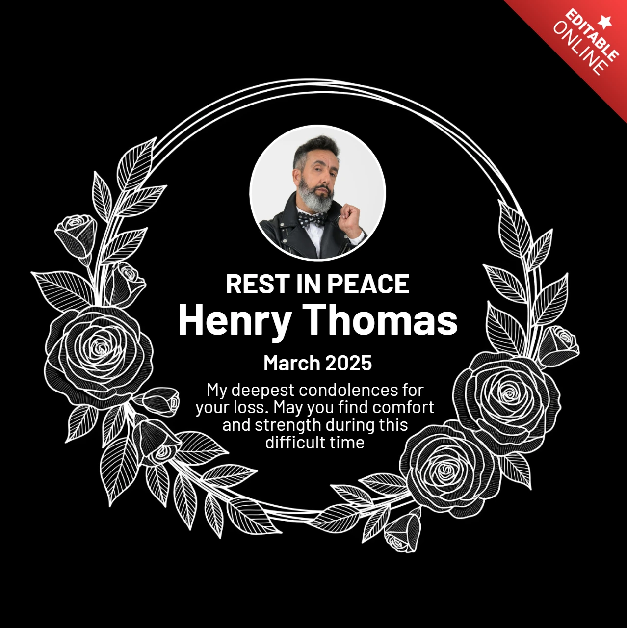Memorial Poster Circular Photo Tribute with White Floral Wreath Rest in Peace Design Template