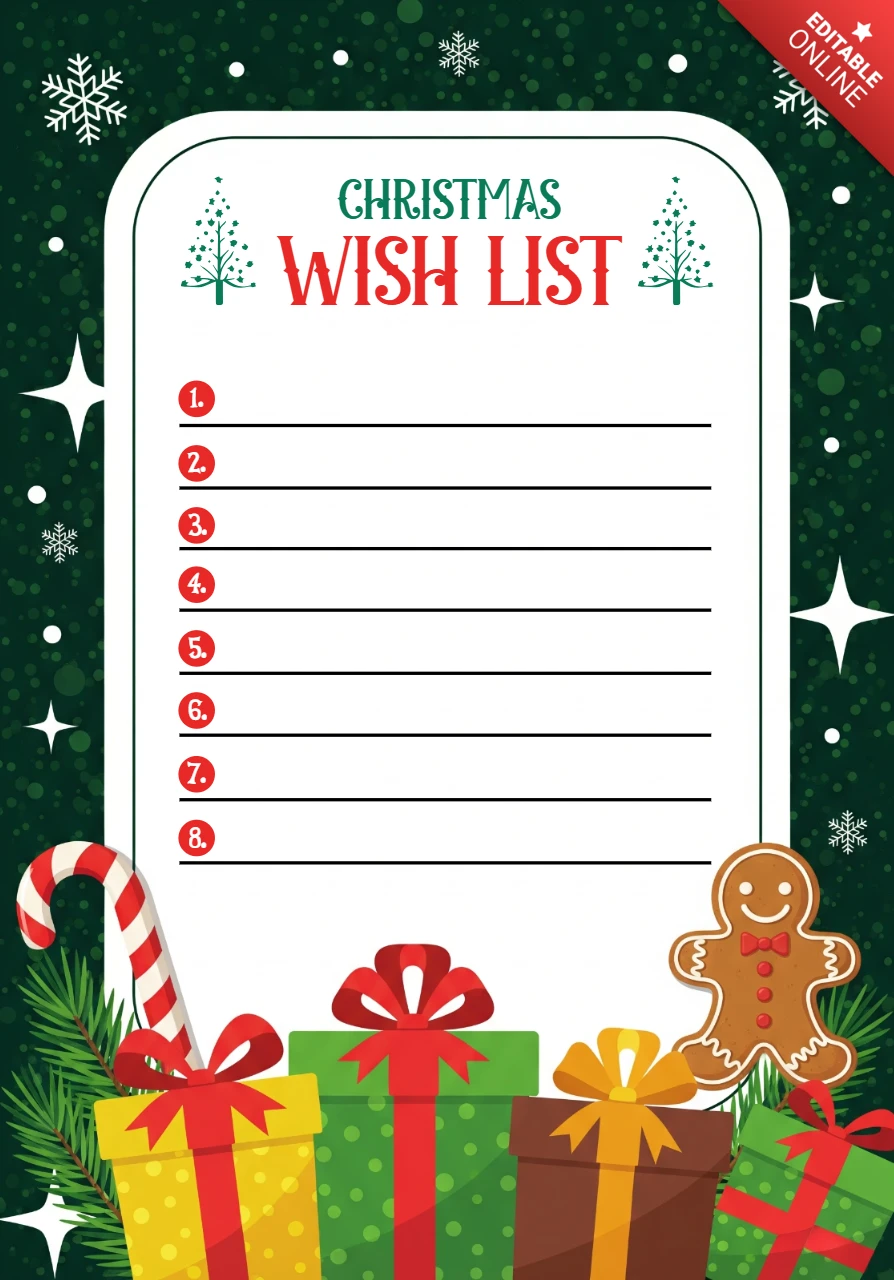 Wunschzettel Vorlage Weihnachtsbriefpapier mit Sternen, eingepackten Geschenken und fröhlicher Winterdekoration