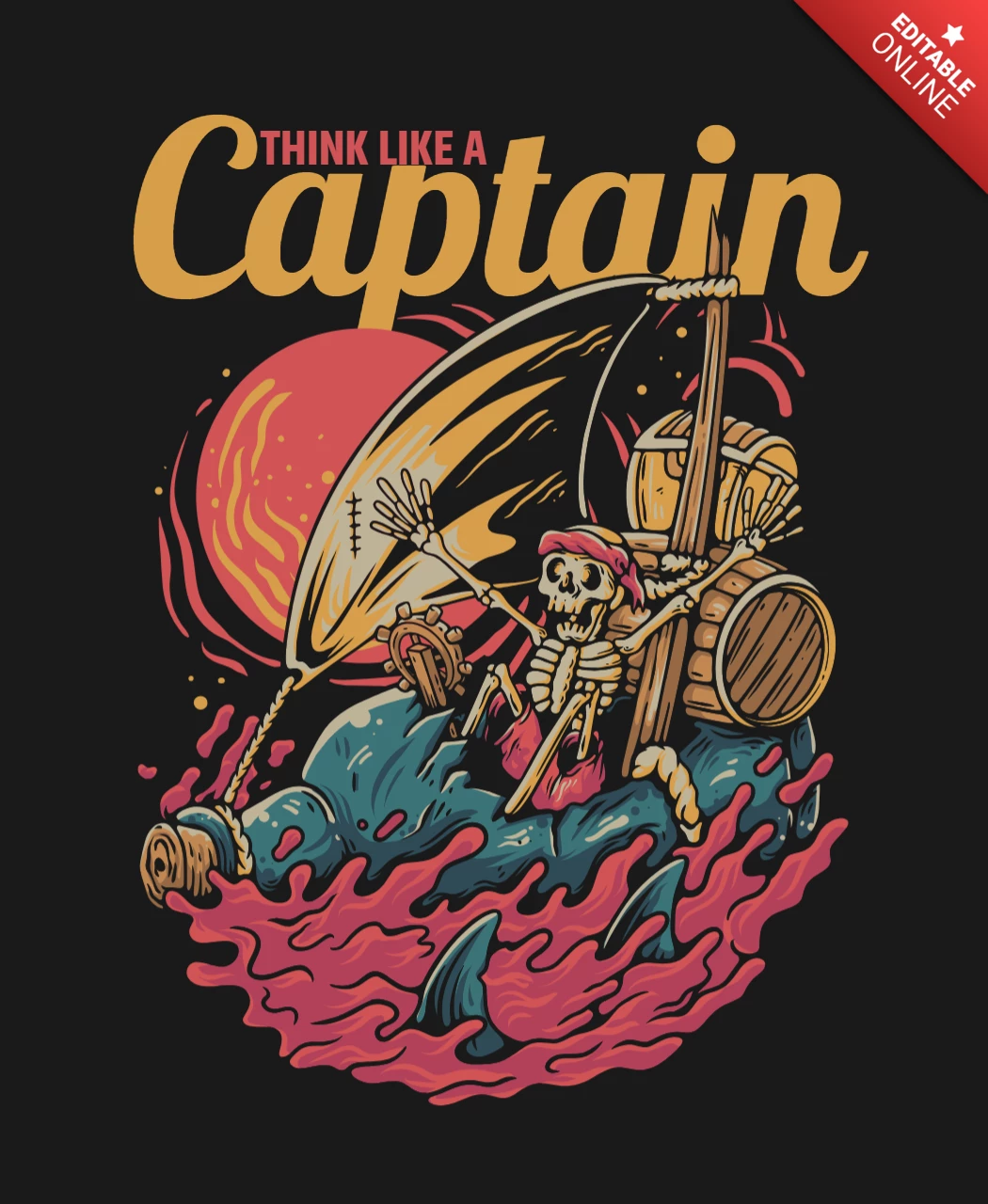 Denken Sie wie ein Kapitän Skelett Vintage T-Shirt Design-Vorlage