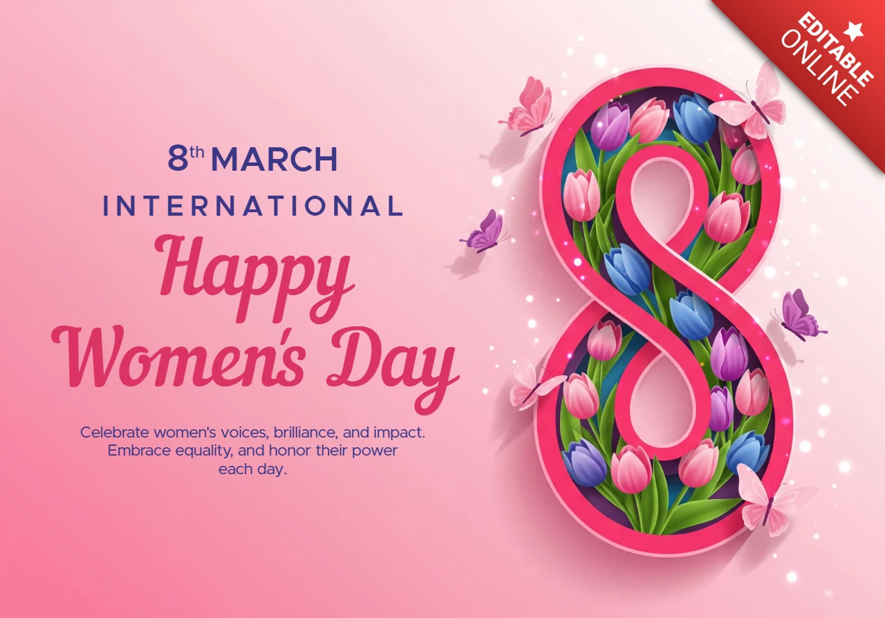 Women’s Day Celebration Banner Featuring Floral Number 8, Butterflies, and Festive Pink Gradient Background
