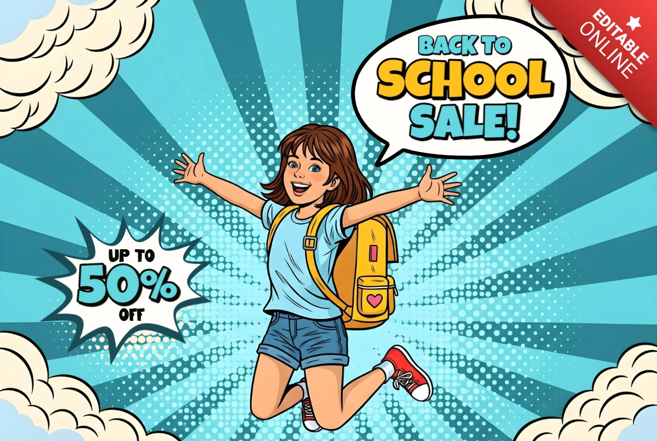 Arte de venda de volta às aulas em estilo de quadrinhos de estudante pulando com mochila de coração, modelo de banner promocional para folhetos promocionais de promoção por tempo limitado.