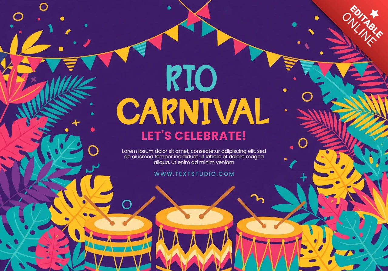 Rio Carnival 2026 Poster Tropical Leaves, Drums, and Festive Bunting on Purple Background