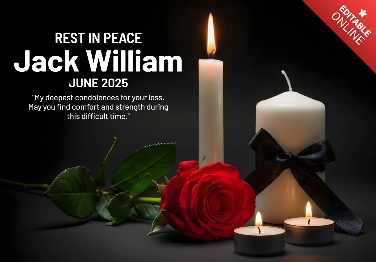 Póster elegante de rip para condolencias con rosa roja, cinta negra y plantilla de diseño de mensaje de tributo.