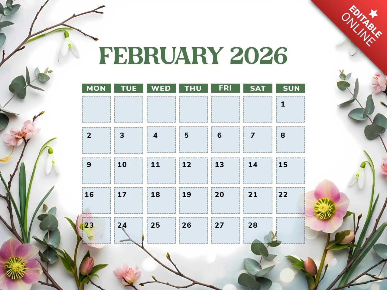 Diseño de plantilla de calendario floral para 2026, planificador mensual editable