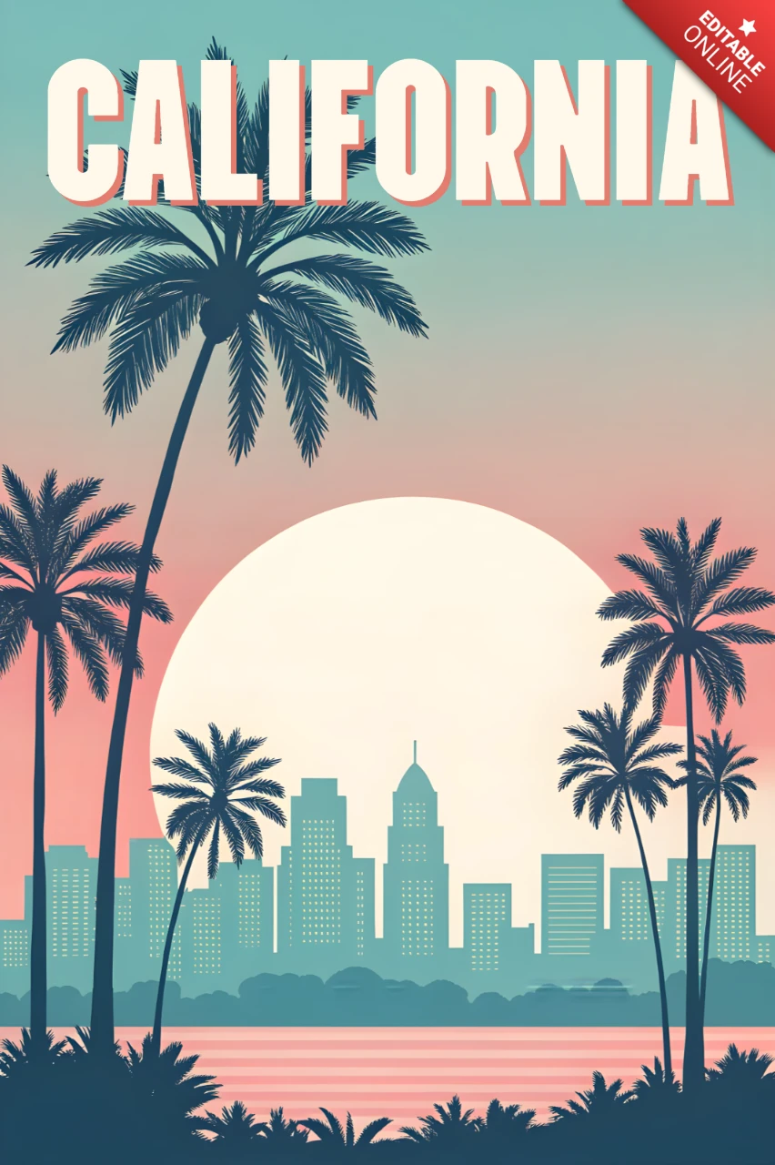 Modello di design del tramonto della California con palme per manifesti