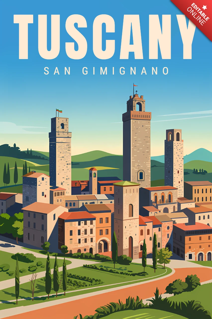 Modèle de design de poster editable de San Gimignano en Toscane dans un style d'illustration plate.