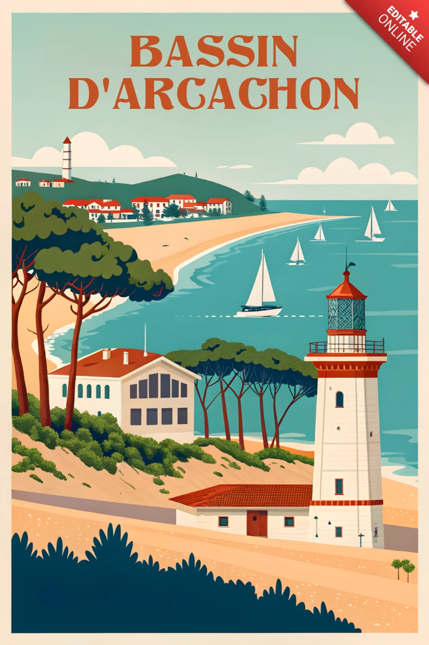 Faro vintage en diseño de Arcachon para plantilla de carteles de viaje retro.