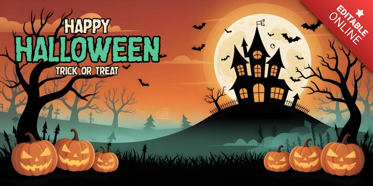 Halloween Trick or Treat Haunted House, Glowing Pumpkins & Sunset Sky Youtube Cover Design Template