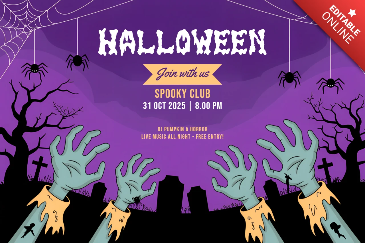 Zombie-Hände Halloween-Party-Einladungsvorlage im Cartoon-Stil