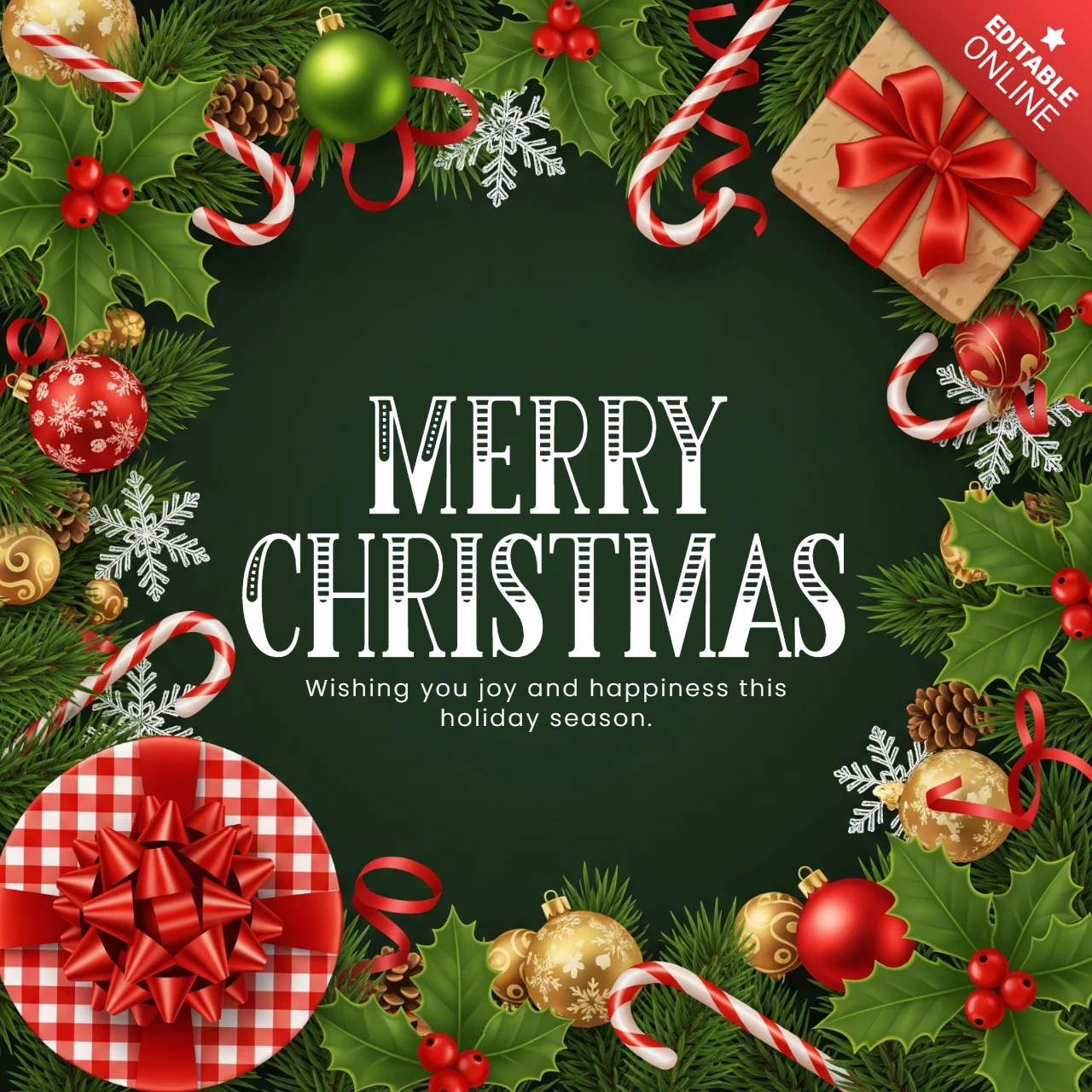 Holiday Season Card Dark Green Background with Garland and Candy Canes Framing Joyful Christmas Wishes Design Template