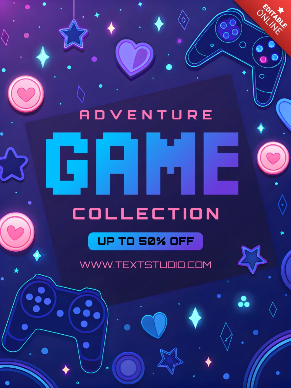 Adventure Game Collection Design Template with Game Controllers and Colorful Stars