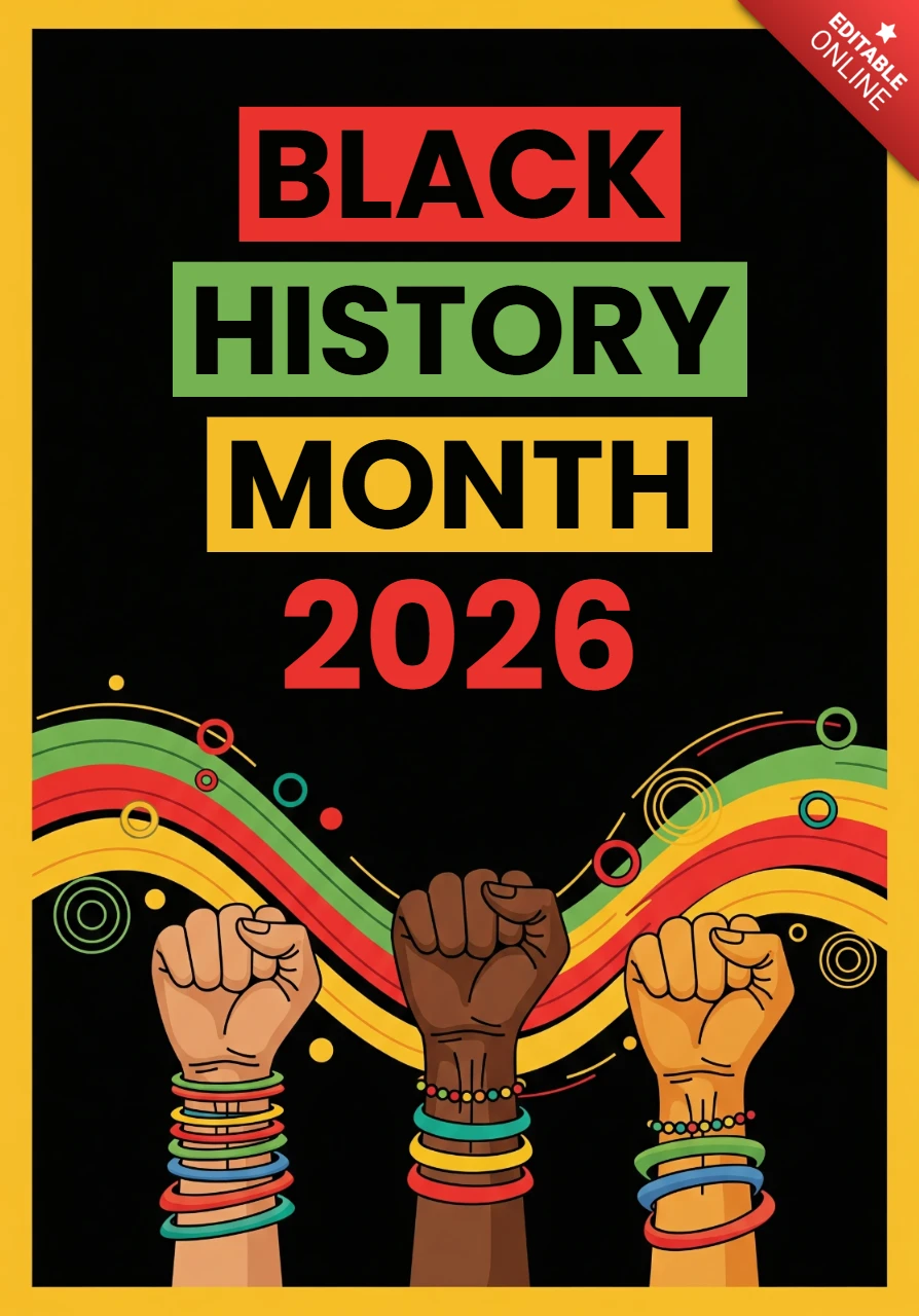 Póster decorativo del mes de la historia negra 2026 con puños levantados en tonos de piel diversos, con texto en negrita y colores panafricanos para la concienciación cultural.