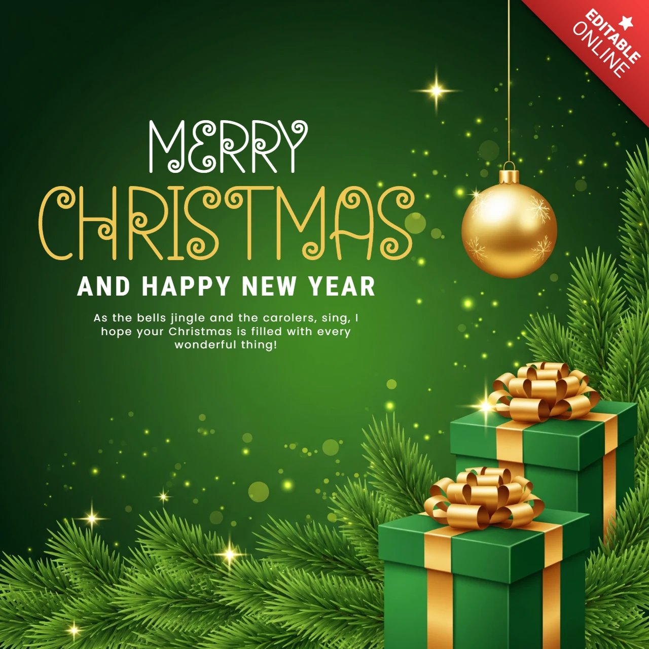 Traditional Christmas Card with Green Glow, Golden Decorations, and Winter-Themed Gift Details