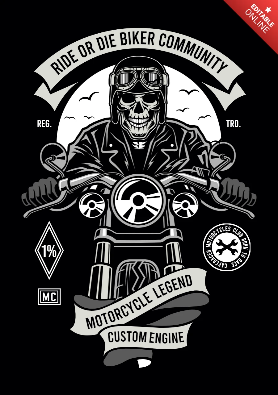 Plantilla de diseño de camiseta con calavera del club de motociclistas Ride or die