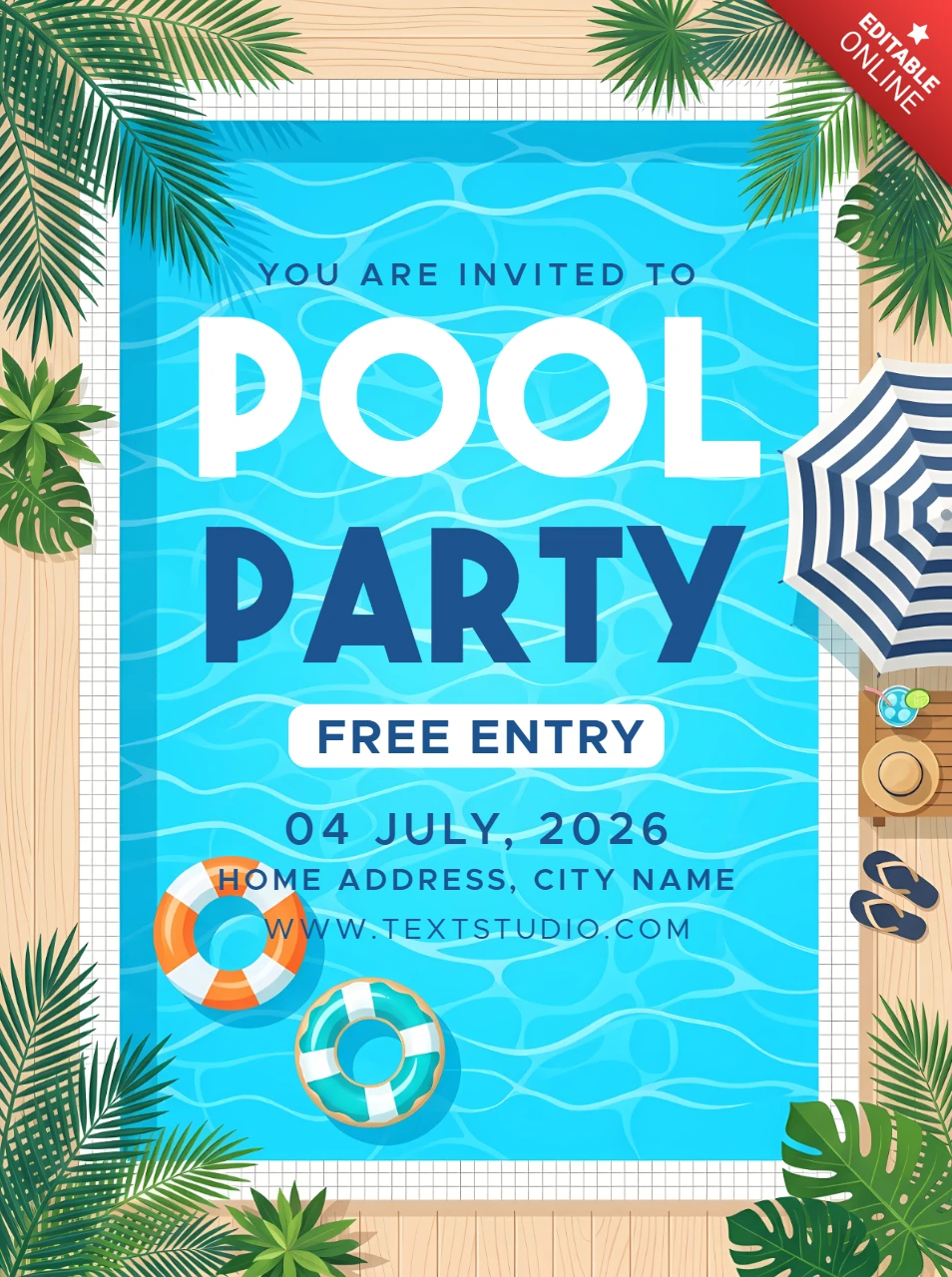 Einladungsvorlage für Poolparty mit Schwimmbecken, Schwimmringen und tropischen Palmblattdekorationen