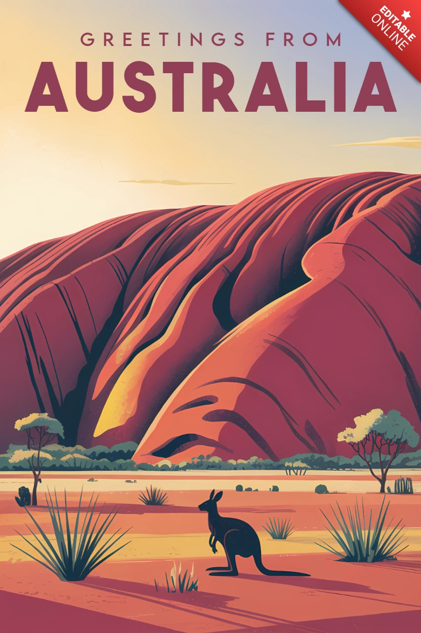 Australien Vintage-Designvorlage für Postkarten mit Känguru und Uluru-Landschaft