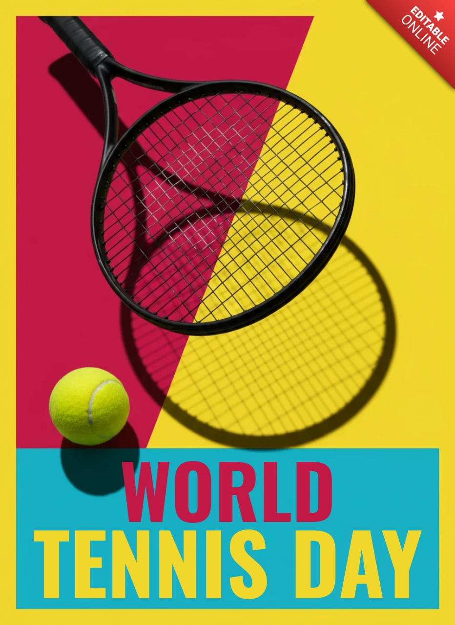 Affiche de la journée mondiale du tennis 2026 avec une raquette de tennis et une balle sur un fond coloré