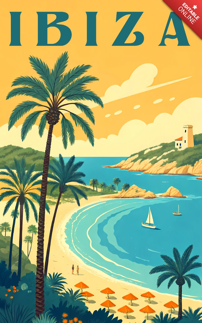 Retro-Flach Ibiza Strand Designvorlage für Reiseposter