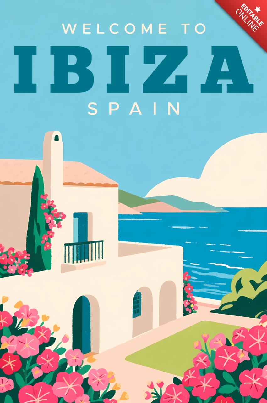 Vintage Ibiza Travel Poster Design Template with Floral Elements for Wall Art