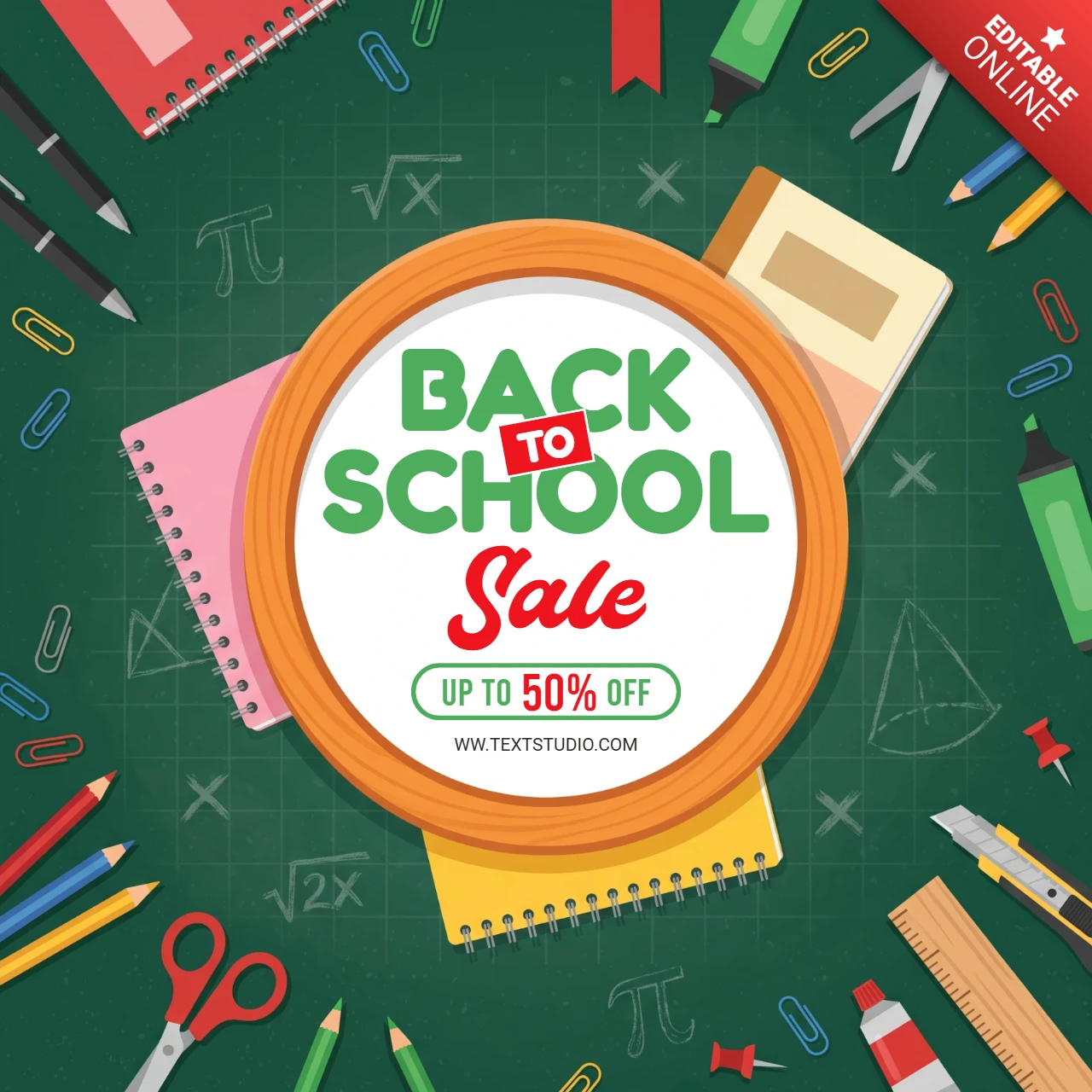 Back to school sale sign with colorful school supplies and stationery on a green chalkboard background