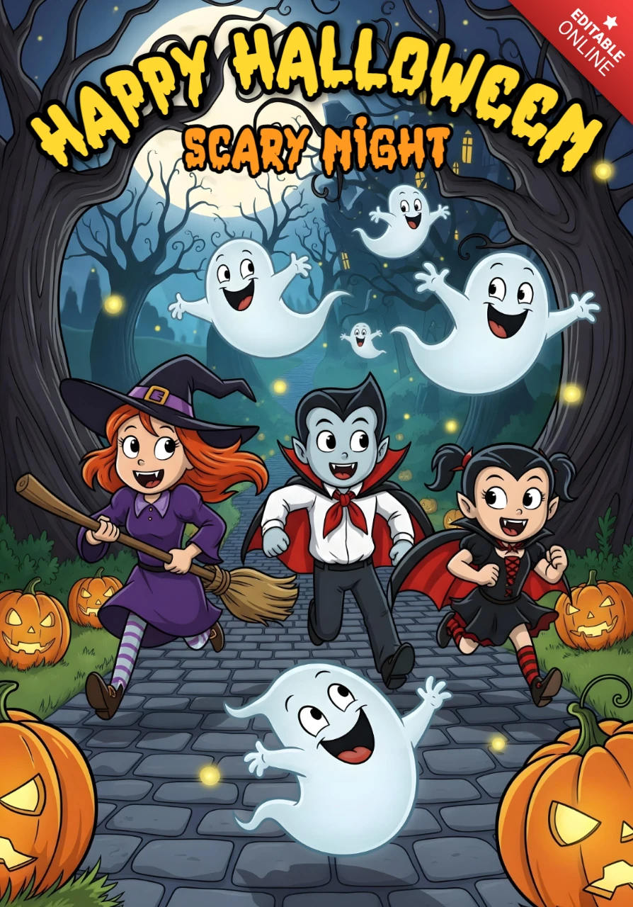 Aventure effrayante d'Halloween avec des enfants déguisés, des citrouilles-lanternes et des arbres tordus, modèle de design pour des flyers festifs.