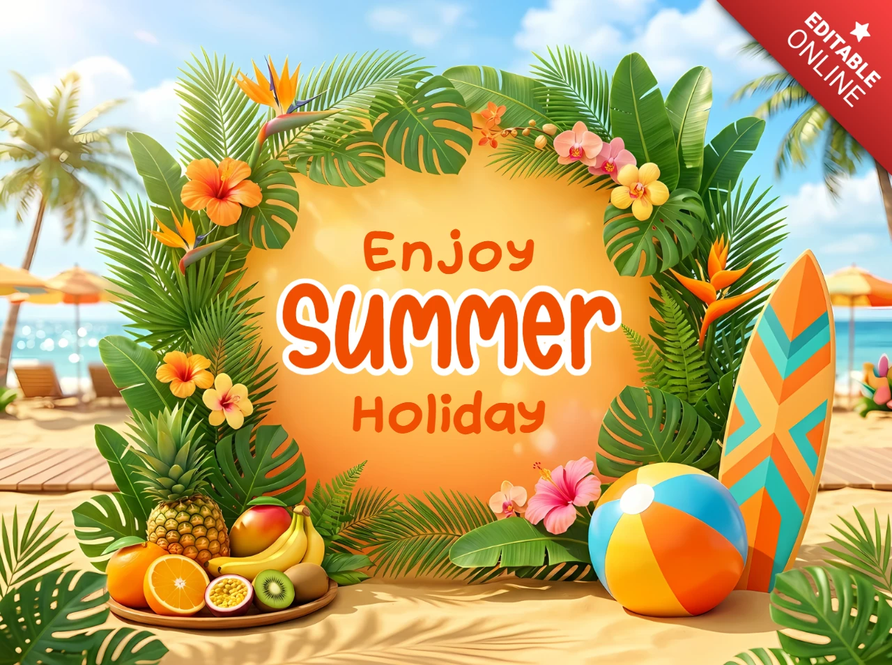 Tropical Summer Holiday Greeting Card with Beach, Surfboard and Exotic Fruits