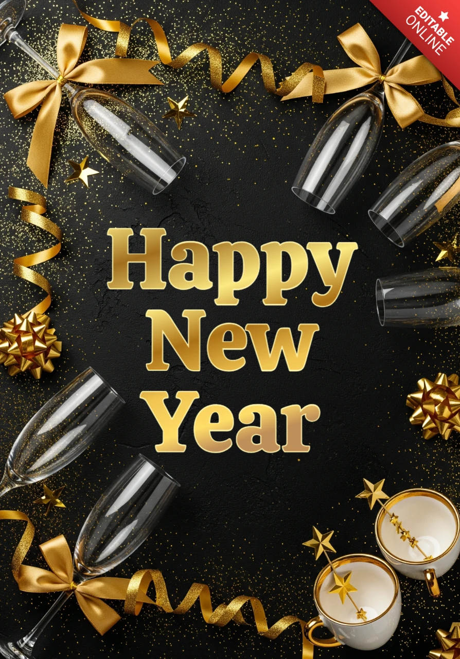 Tarjeta de feliz año nuevo 2026 con fondo negro, cintas doradas, copas de champán y vasos de celebración.