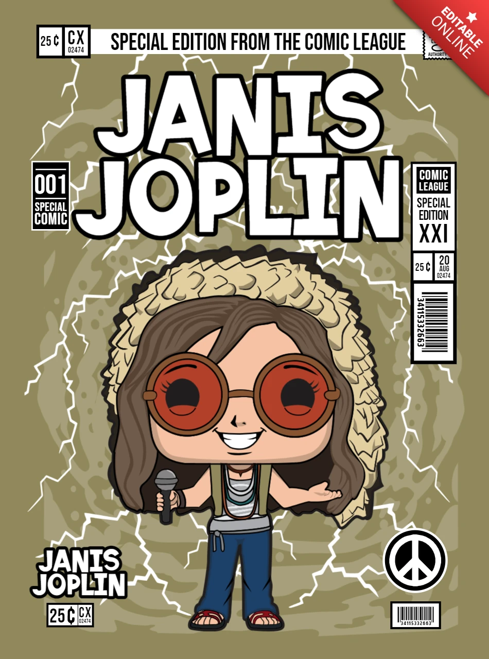 Janis Joplin Cartoon Character Magazine Cover Design Template