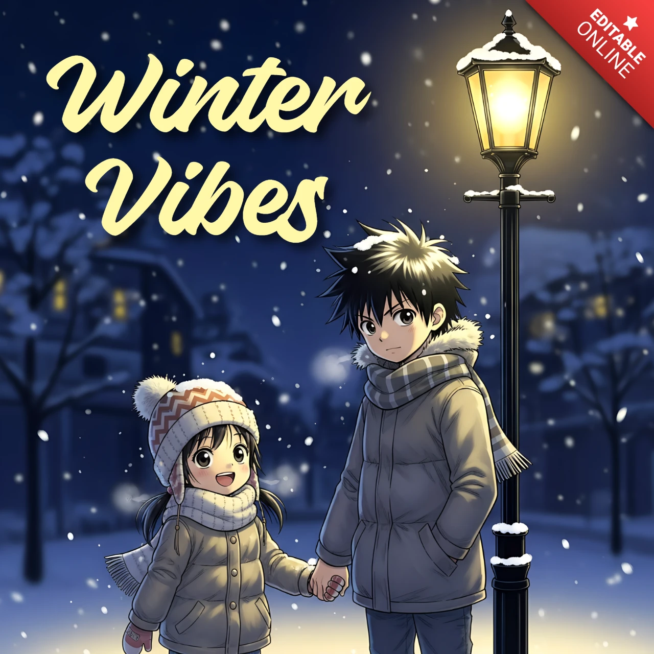 冬の雰囲気のアニメデザインテンプレート（グリーティングカード用）