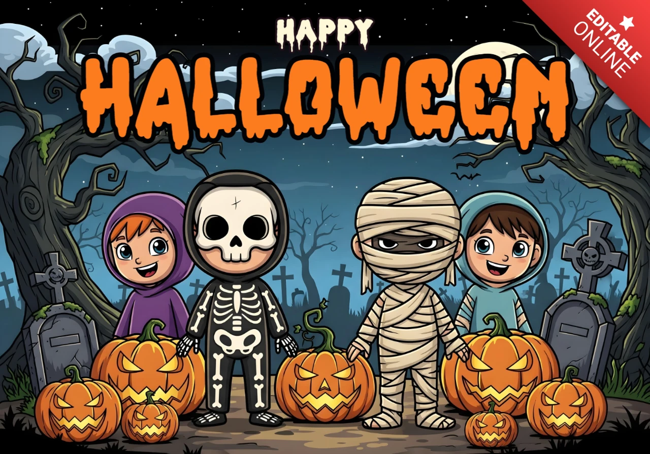 Décor de fête d'Halloween, enfants faisant du porte-à-porte dans un cimetière avec des citrouilles lumineuses et un ciel étoilé, modèle de flyer festif.
