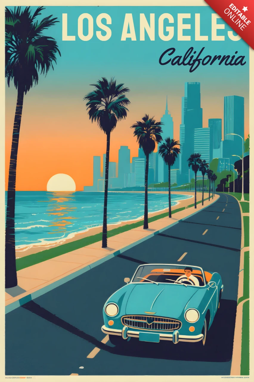 Design di poster da viaggio vintage di Los Angeles con auto classica e palme