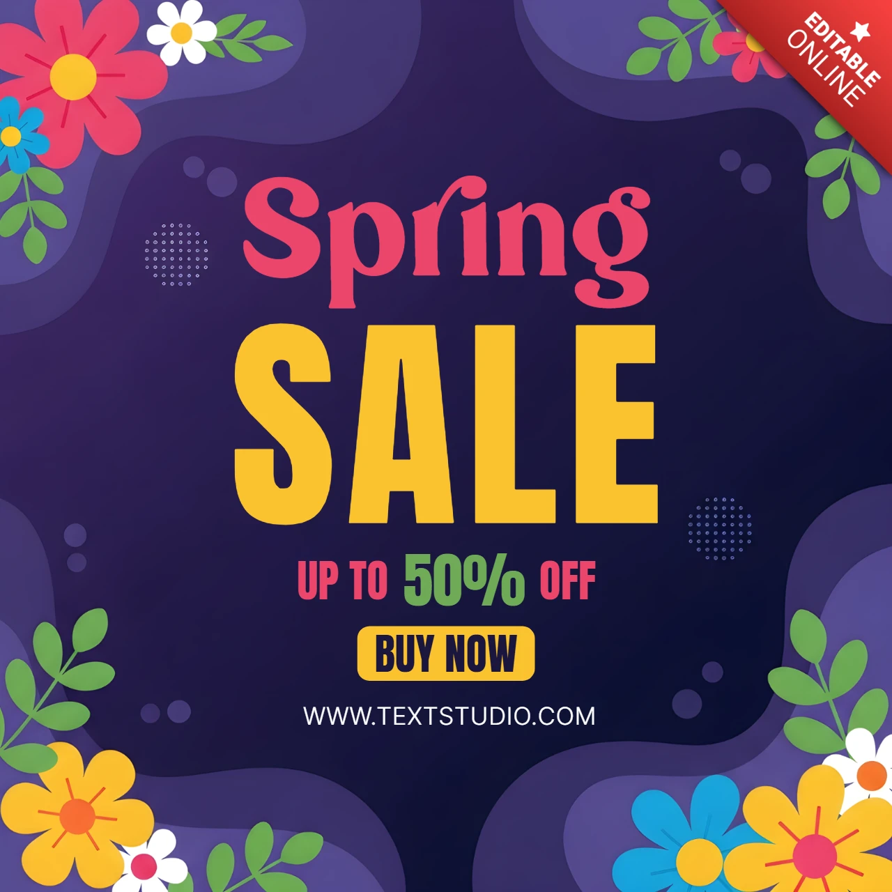 Modelo de cartaz de promoção sazonal com flores, fundo abstrato e tema de venda de primavera