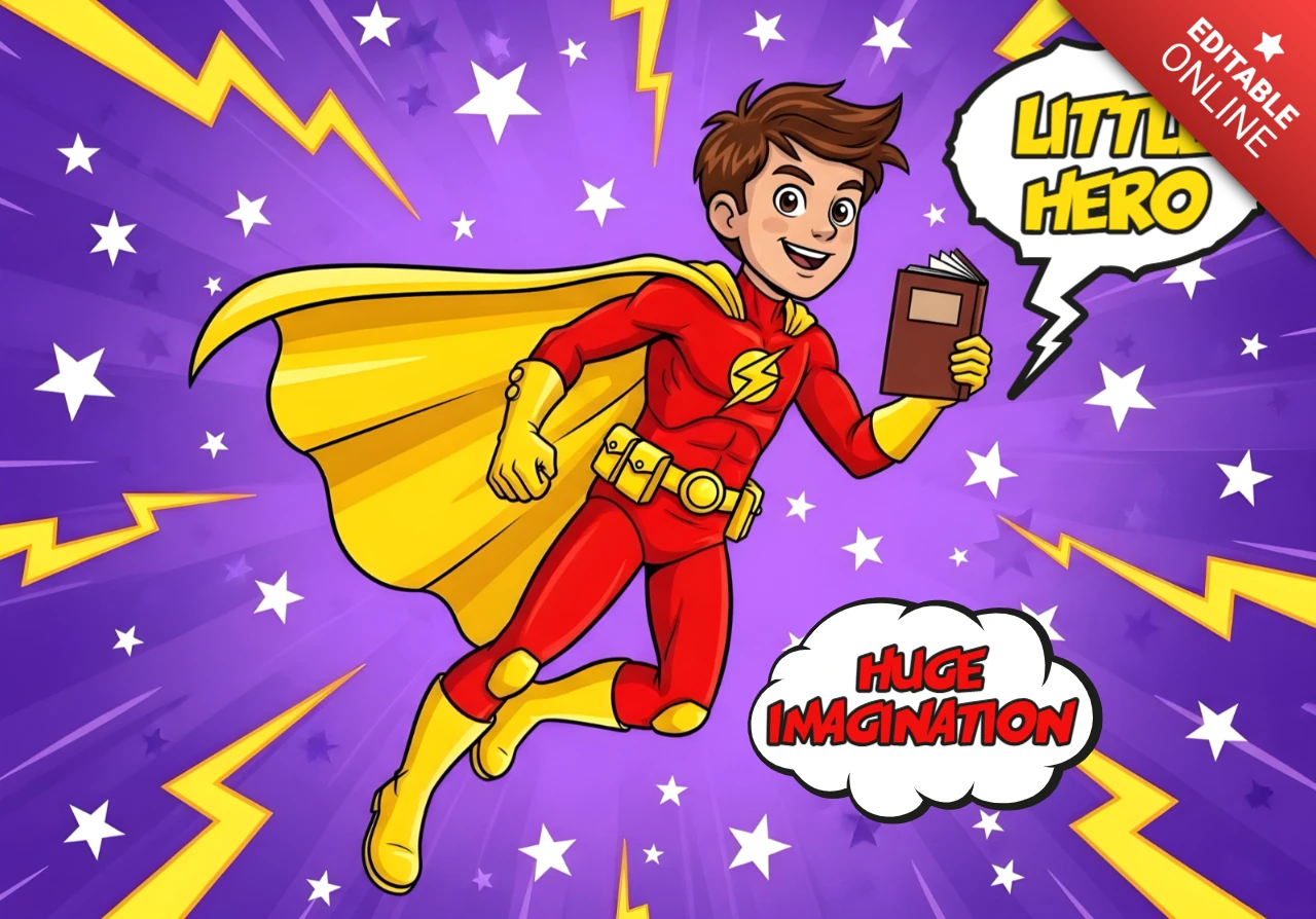 Kleiner Held Cartoon-Superheld mit Buch, Blitz und Zitat über Vorstellungskraft Plakatdesign-Vorlage