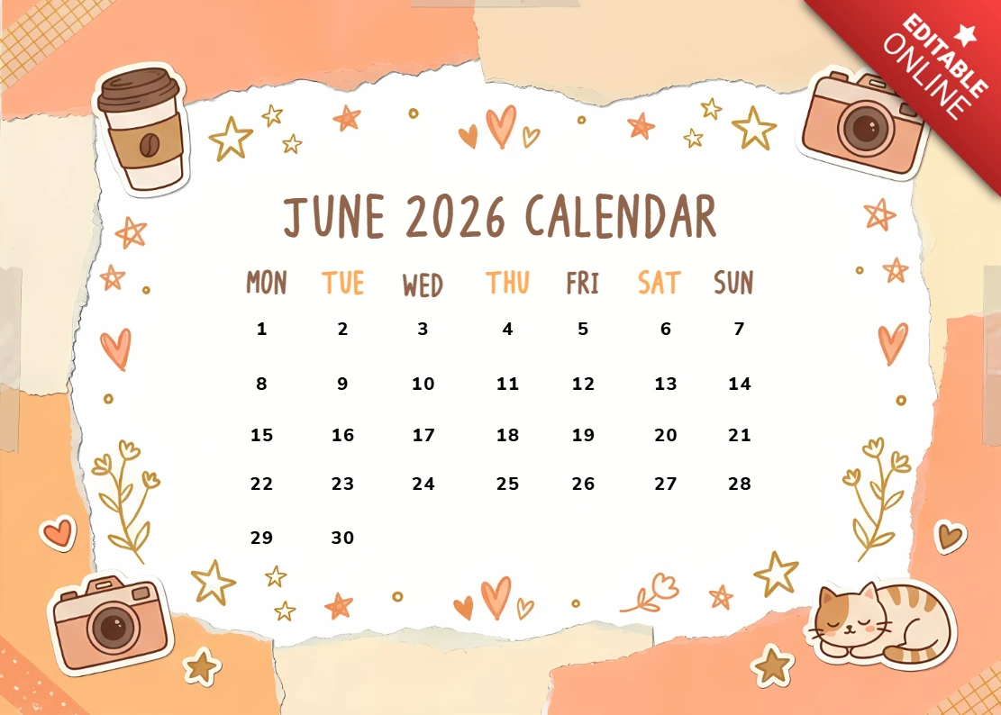 Modèle de calendrier mensuel de juin 2026 avec un élégant jardin de roses et un cadre floral de lavande.