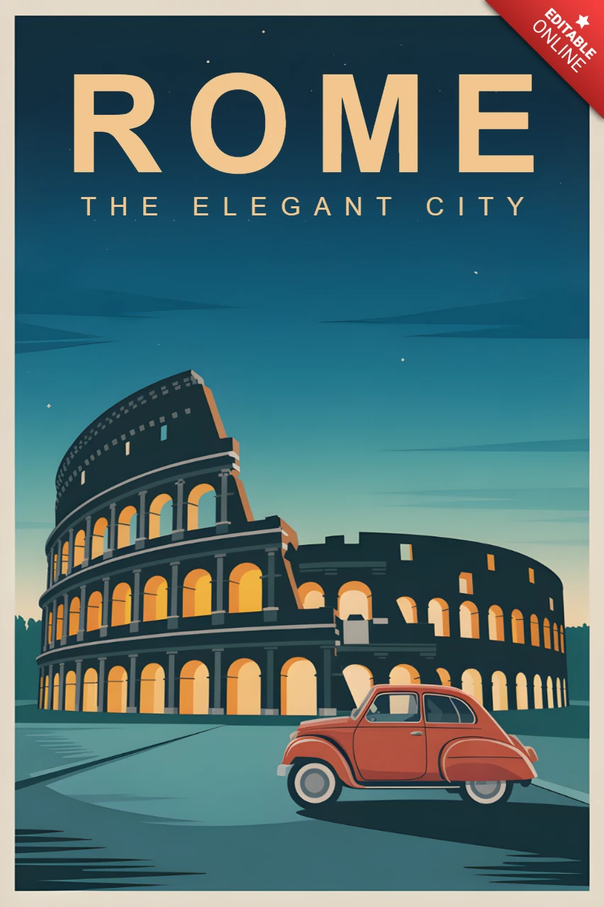 Retro-Reiseplakat-Designvorlage mit Rom und klassischem Fiat 500 Auto