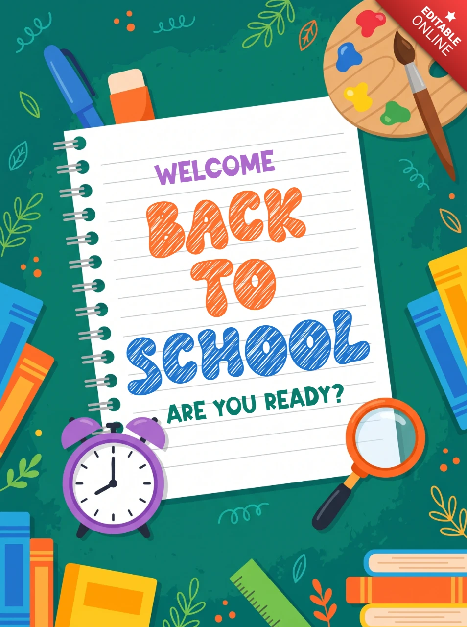 Welcome back to school poster design with colorful stationery and notebook on a green background