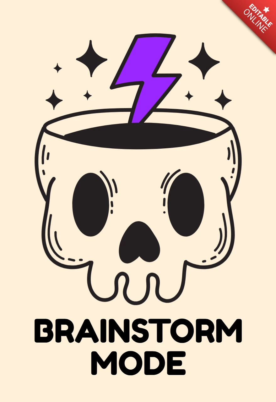 Brainstorm-Modus Schädel & Blitz Cartoon T-Shirt Design Vorlage