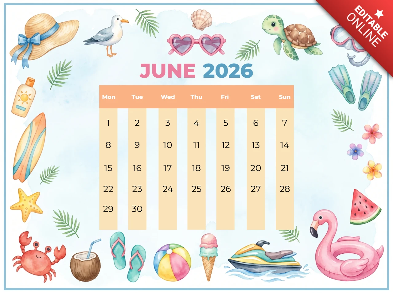 June 2026 Summer Calendar with Sun Hat, Surfboards, Flamingo Float, and Tropical Flowers