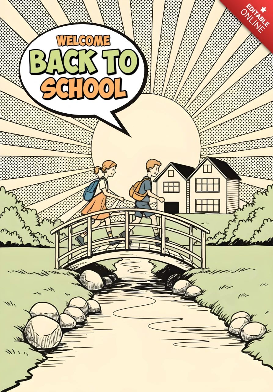 Estudantes voltando às aulas atravessando a ponte de madeira em direção à escola com o sol radiante e design de pôster de balão de quadrinhos.