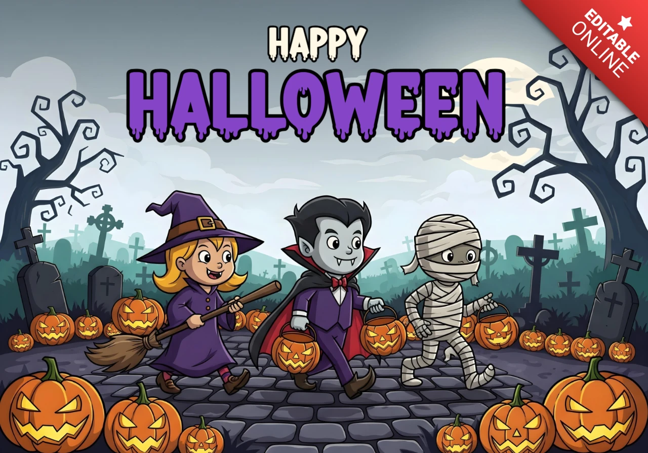 Halloween kinderen illustratie trick or treat scène met mistige begraafplaats, gloeiende lantaarns & feestelijke kostuums ontwerp sjabloon voor feestelijke flyers
