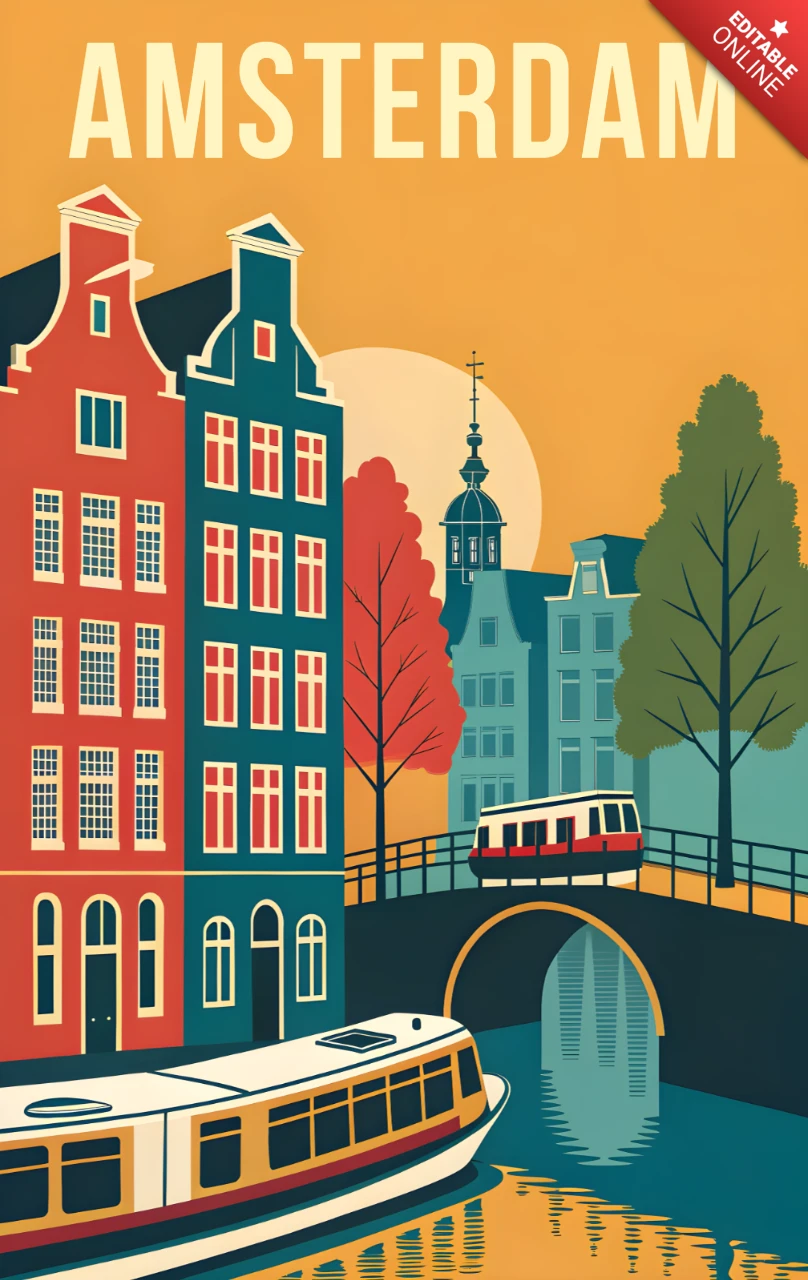 Amsterdam Vintage-Stil Plakatdesign-Vorlage mit malerischem Kanal und Architektur