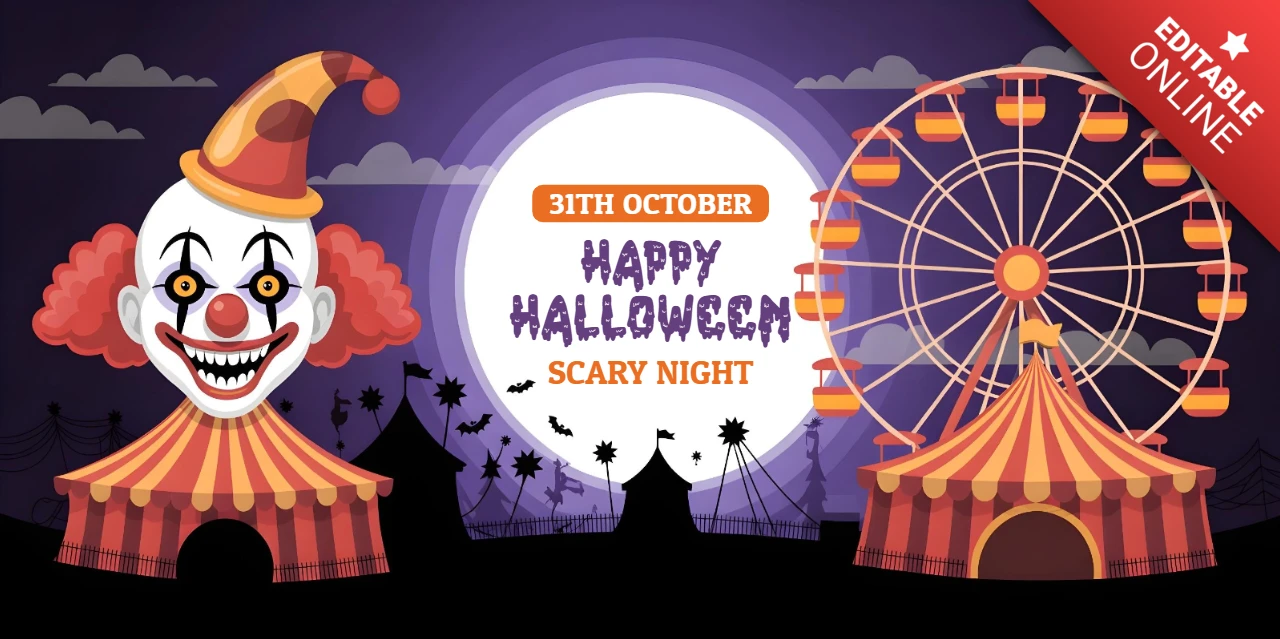 Modèle de couverture Facebook pour une célébration d'Halloween sur le thème d'une nuit effrayante avec un carnaval éclairé par la lune et des ambiances étranges.